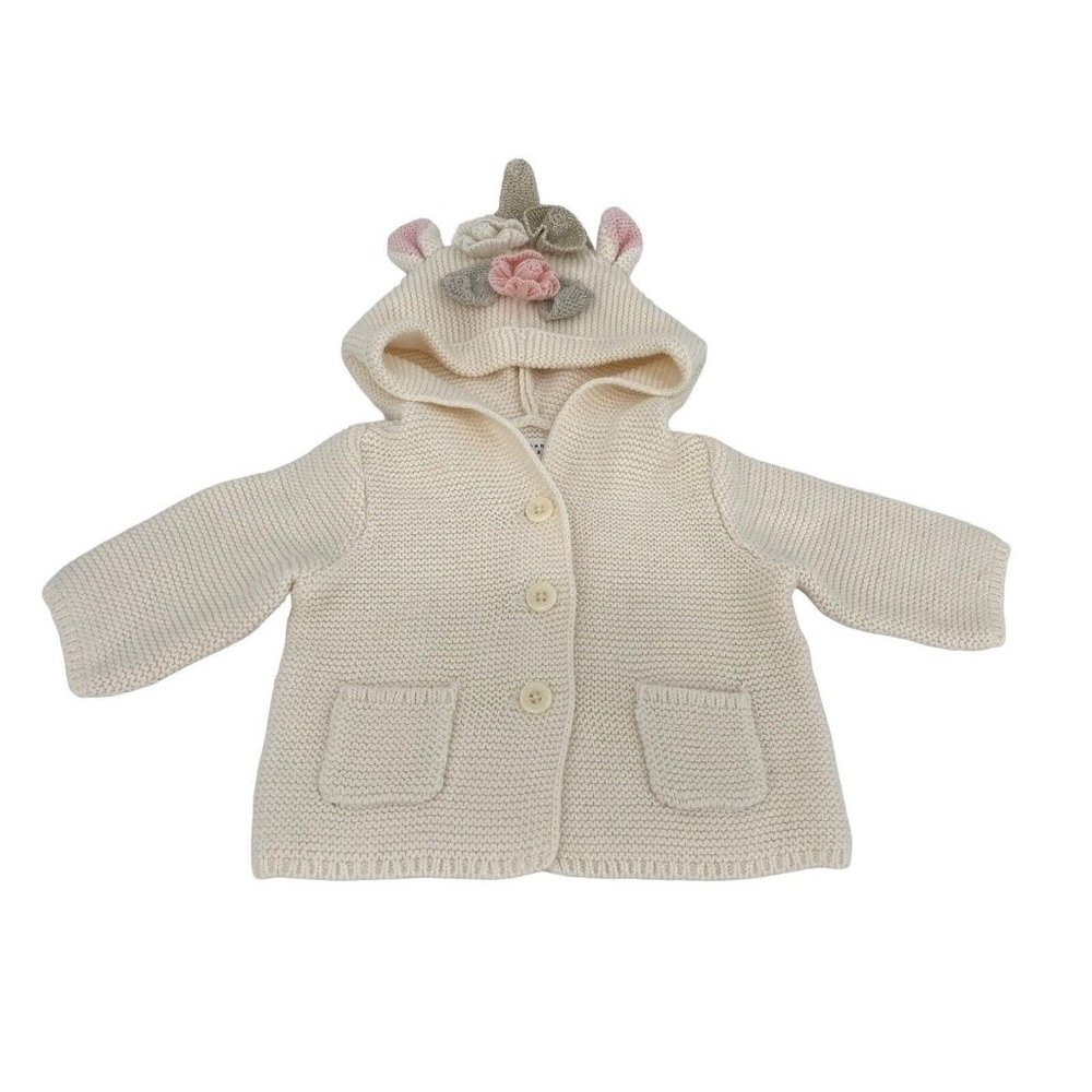 Baby Gap‎ Unicorn Garter Knit Hoodie Sweater 0-3 Months Ivory Frost 100% Cotton